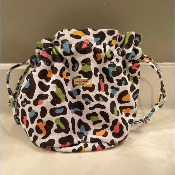 Jane Marie Makeup Organizer Canvas Bag w/ Pull tie in Rainbow Leopard Print - Picture 1 of 10